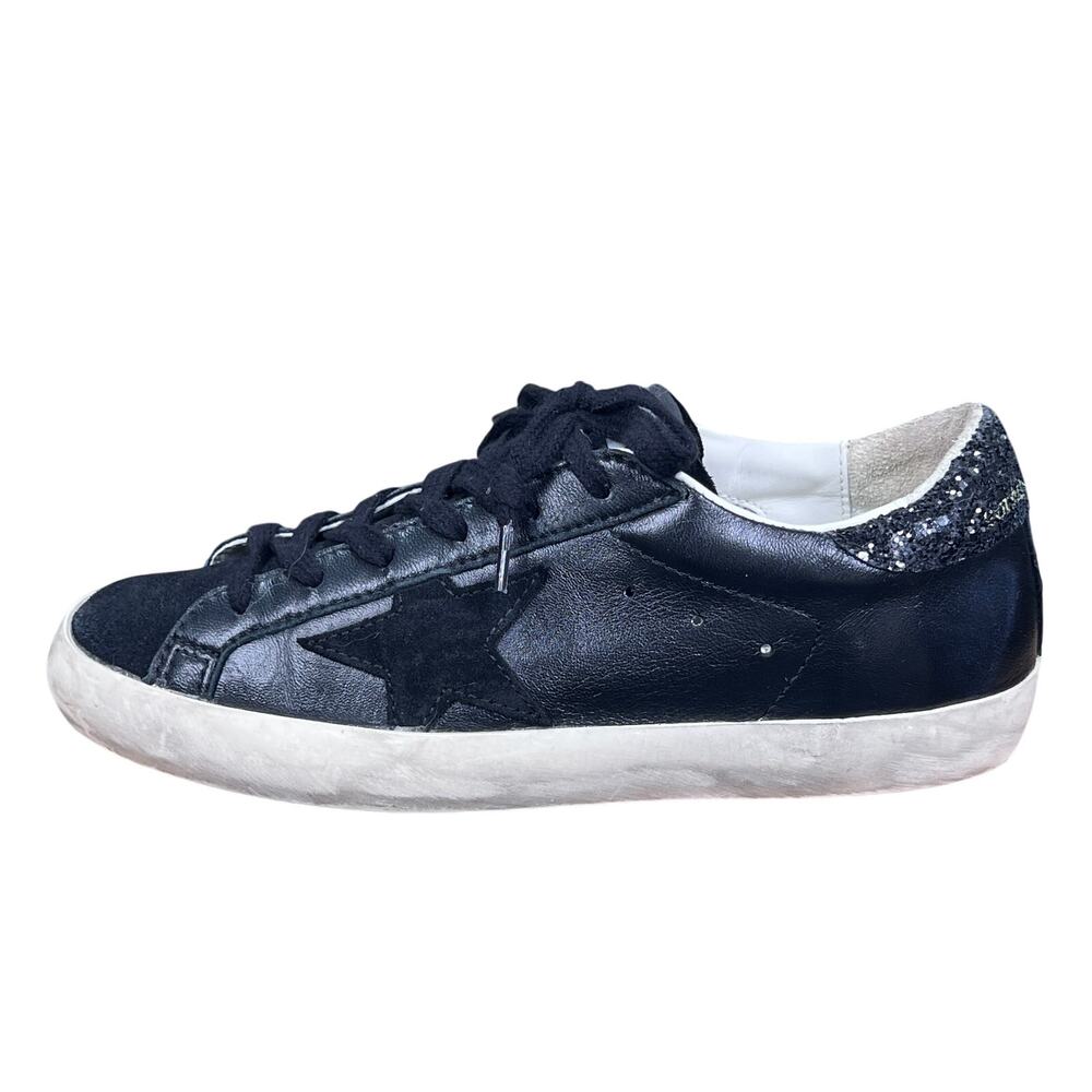 Golden Goose Superstar Black Leather Glitter Heel Sneakers Size 37 US 7 - Picture 3 of 12
